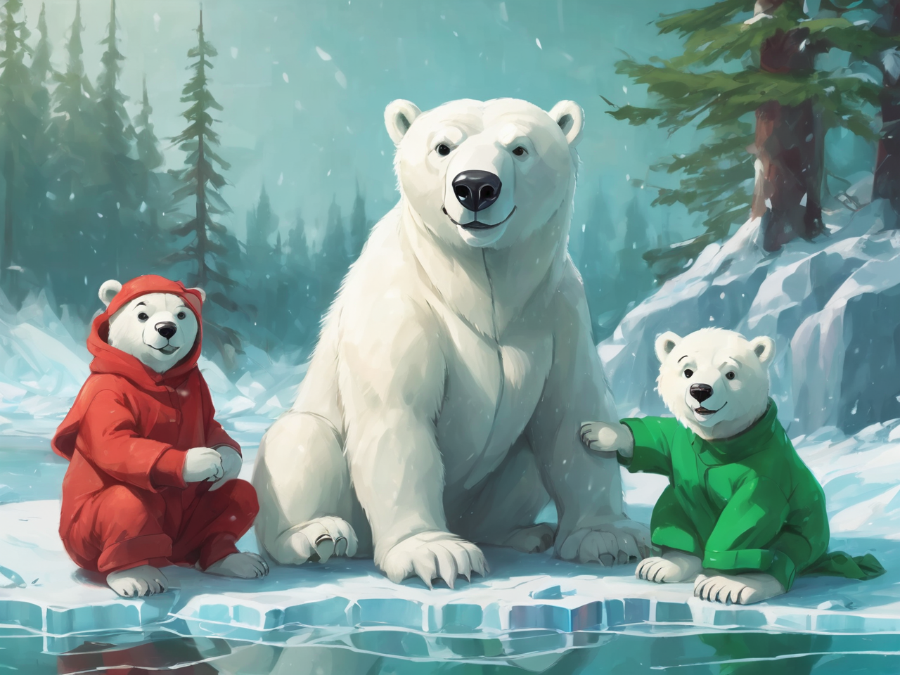 Polar bear cubs, one in a green jacket, one in a red jacket.
